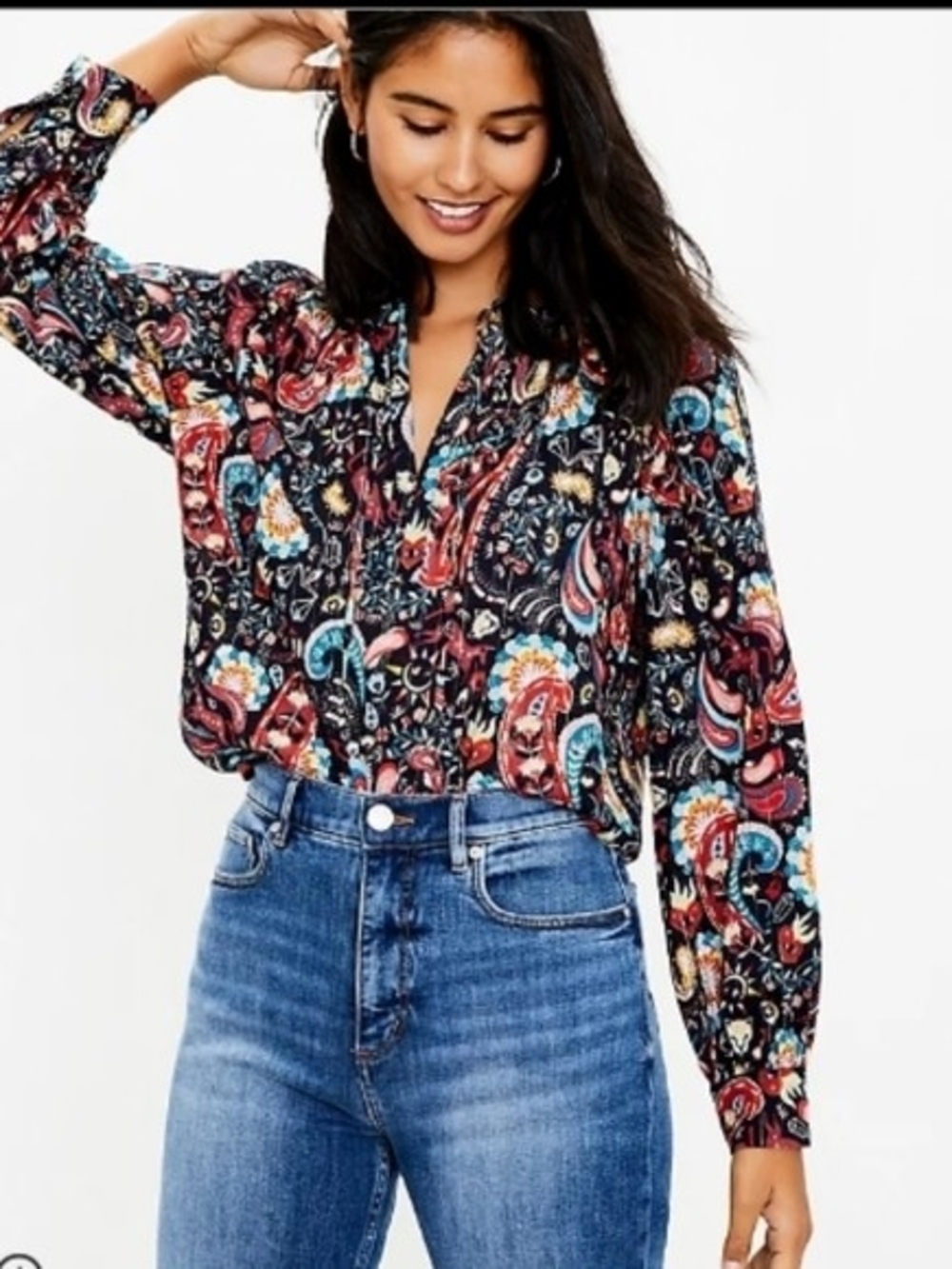 LOFT Navy Paisley Tie-Neck Blouse with Mystic Fantasy Motifs - Picture 10 of 10